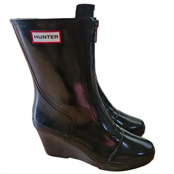 Hunter Mid Calf Gloss Zipper Wedge Waterproof Rain Boots Black Size 7. - Picture 4 of 12